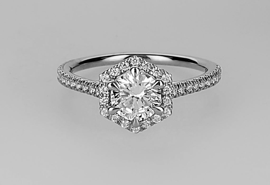 Delicate 40 diamond Hexagon shaped halo with diamond shank mounting