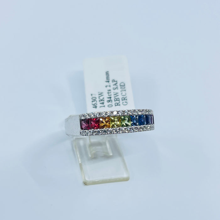 14kt White Gold channel set 2.4mm Princess Rainbow Sapphire Diamond Ring