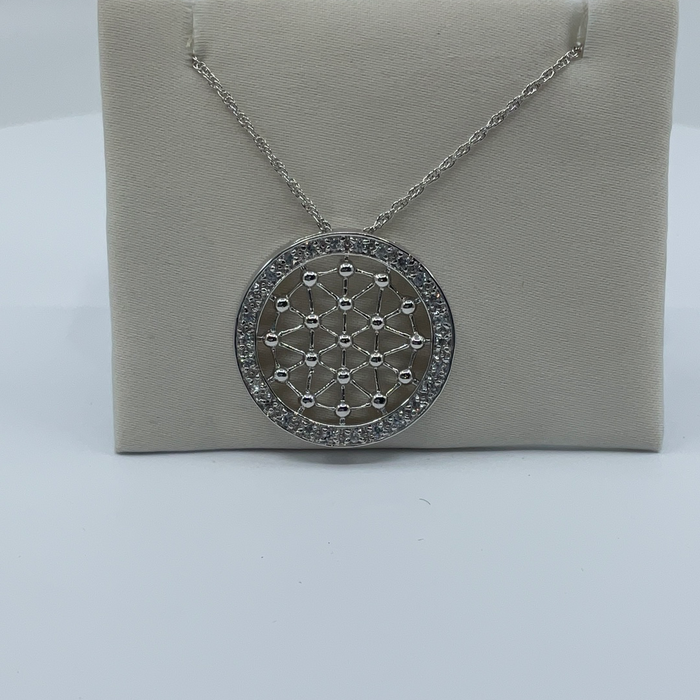 Rhodium Finish Filigree Cubic Zirconia Round Pendant on 18" Rope Chain