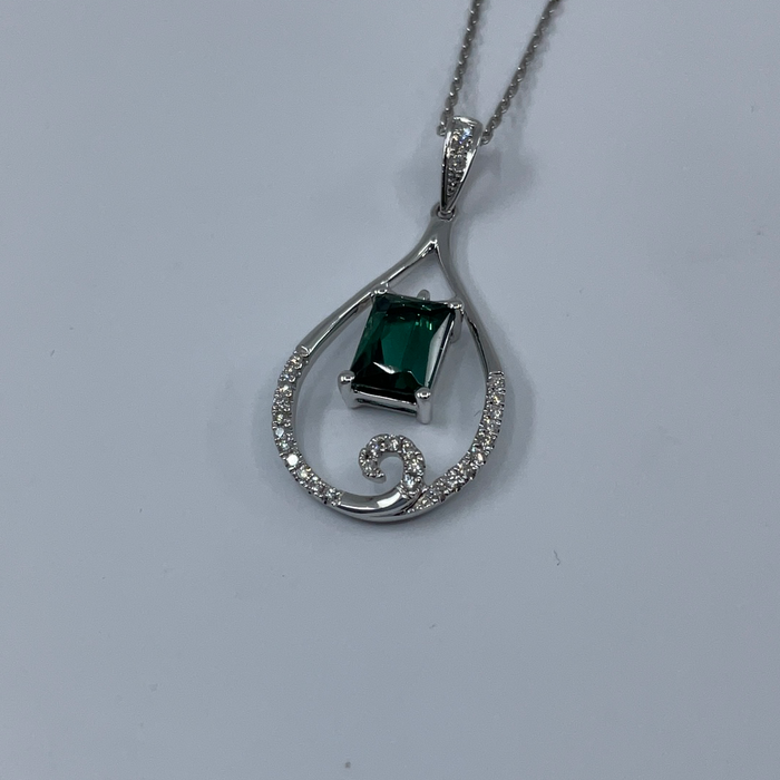 14kt White Gold 1.41ct emerald cut Tourmaline and diamond pendant
