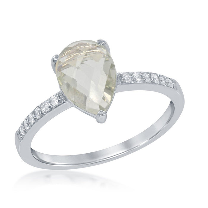 Sterling Silver White Topaz & Teardrop Gem Ring - Green Amethsyt