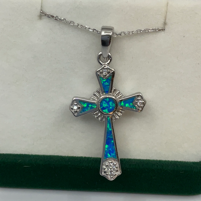 Sterling Silver CZ and Blue Inlay Opal Cross Pendant