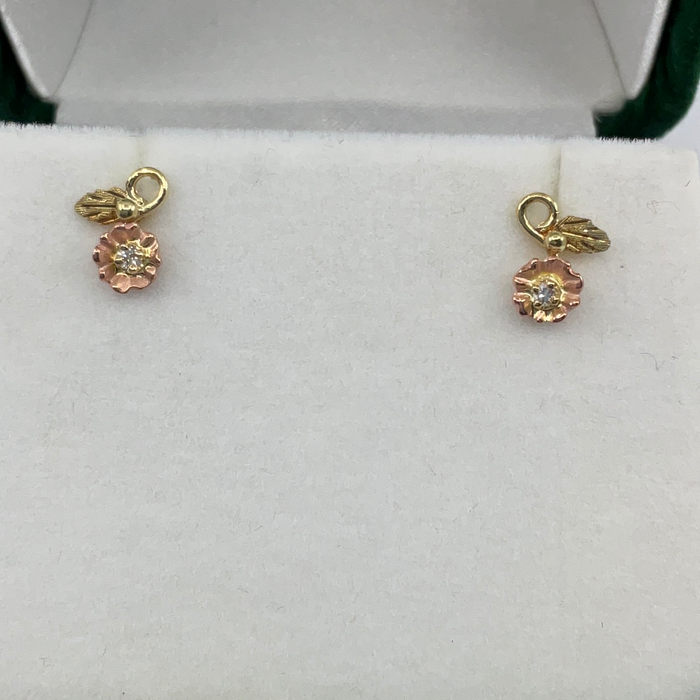 10kt Black Hills Gold Rose and Leaf Diamond Earrings