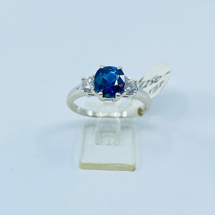 14kt White Gold cushion cut Blue Sapphire and diamond ring