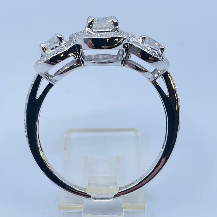 14kt White Gold Three stone Halo ring