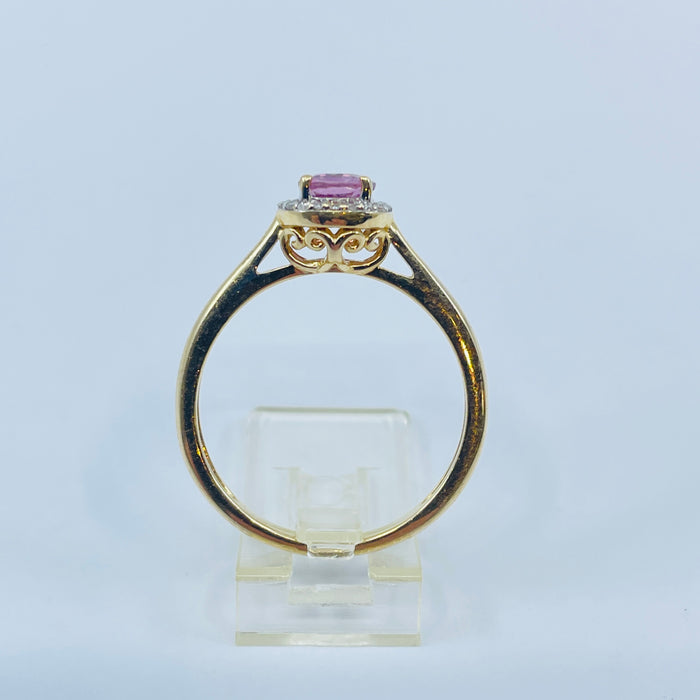 14kt Yellow Gold Pink Sapphire diamond halo Ring