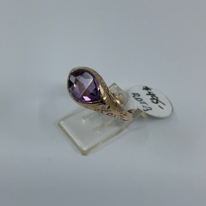 14kt Gold lens cut carved Amethyst ring