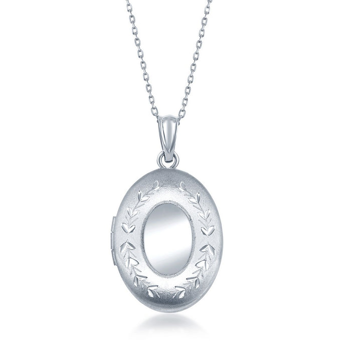 Sterling Silver Small Oval with Matte and Diamond Cut Border Locket