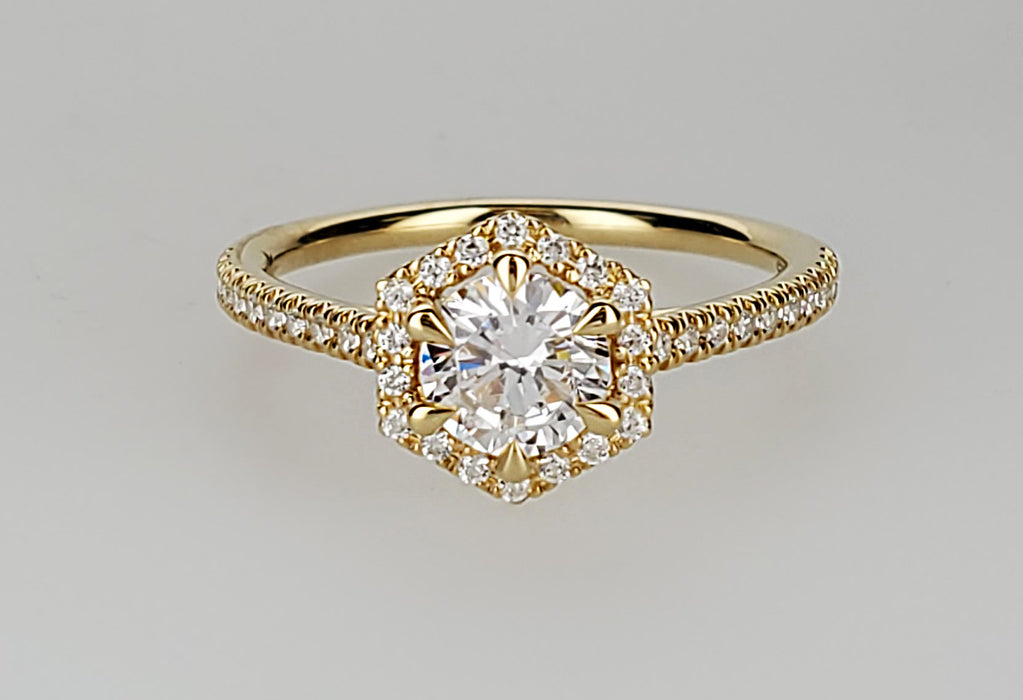 Delicate 40 diamond Hexagon shaped halo with diamond shank mounting