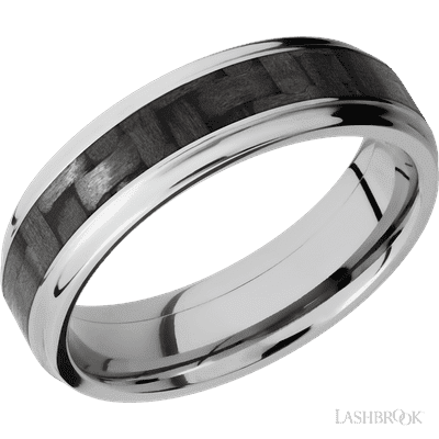 6 mm wide/Flat Grooved Edges/Cobalt Chrome band with one 3 mm Centered inlay of Carbon Fiber. Size 10.5