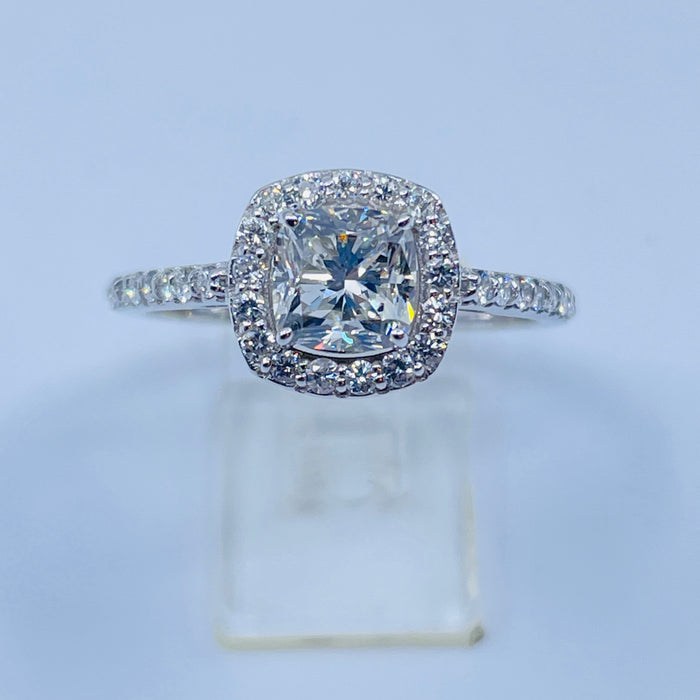 14kt White Gold 1.00ct K SI1 Cushion halo engagement ring