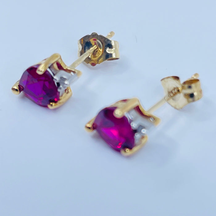 10kt Yellow Gold lab grown heart shaped Ruby earrings
