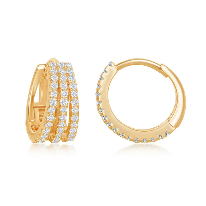 Sterling Silver Triple Row CZ Small Hoop Gold Plated Earrings