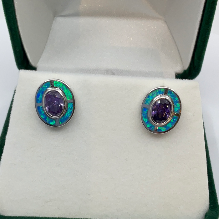 Sterling Silver Blue Inlay Opal w/ Amethyst CZ Oval Earrings