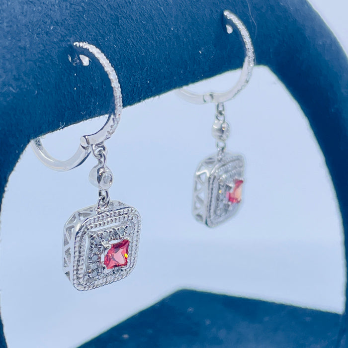 Sterling Silver Princess cut Red-Orange Sapphire earrings with diamonds