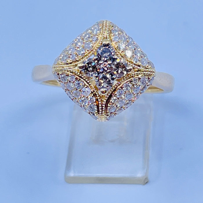 10kt Yellow Gold Chocolate and White diamond cluster Ring