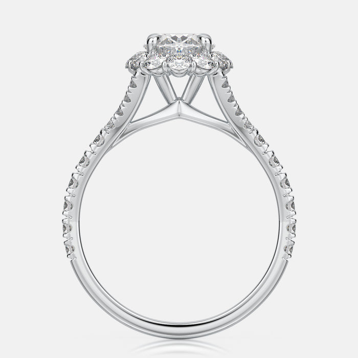 Split shank shared prong halo mounting set with no less than 0.46 carats.