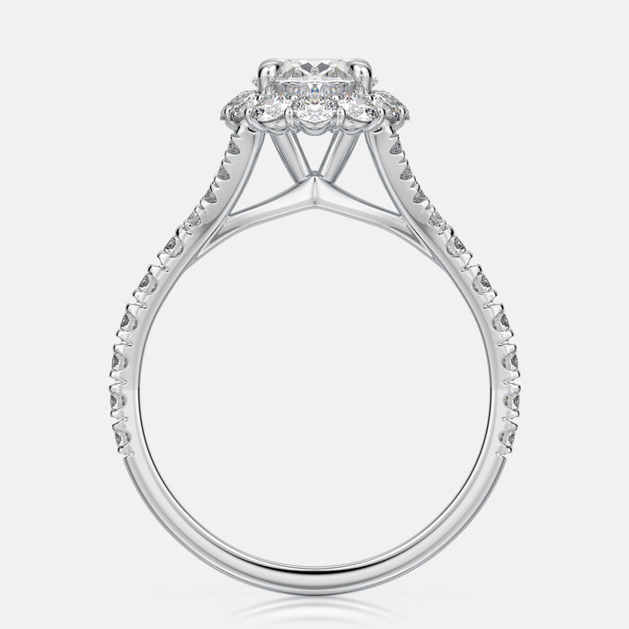 Split shank shared prong halo mounting set with no less than 0.46 carats.