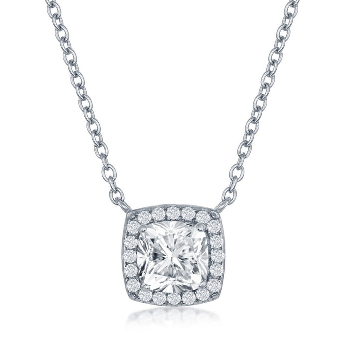 Sterling Silver Cushion-Cut with CZ Border Necklace