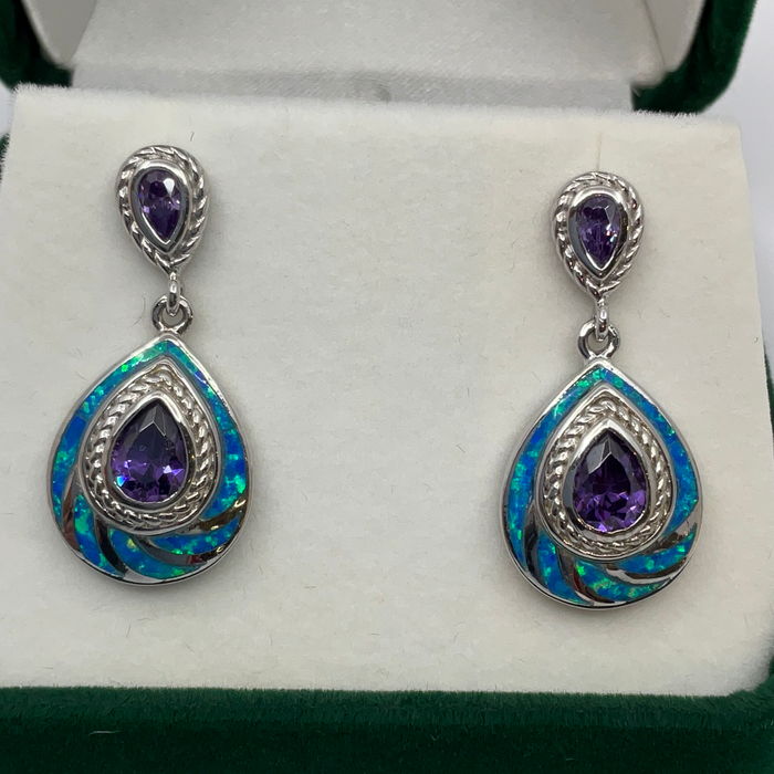 Sterling Silver Blue Inlay Opal and Purple CZ Double Teardrop Earrings