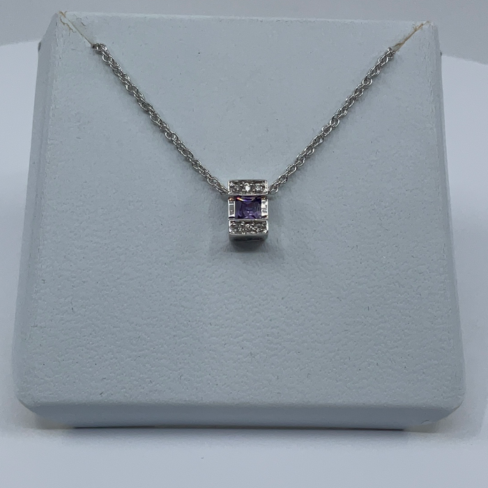 Rhodium Finish Square Cubic Zirconia Pendant with Purple Stone