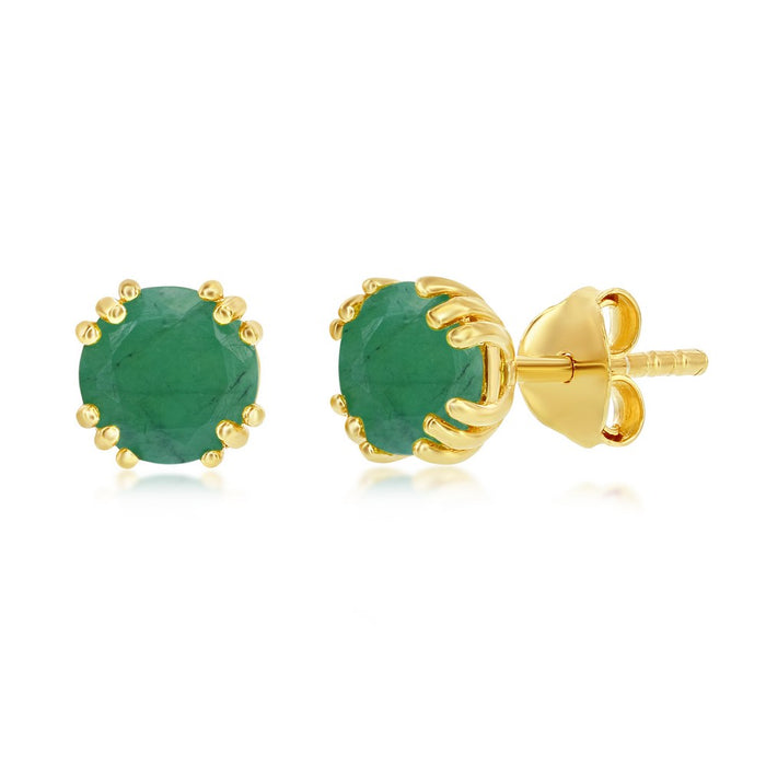 Sterling Silver 'May Birthstone' 6mm Round Gem, Gold Plated Stud Earrings - Emerald (1.8cttw)