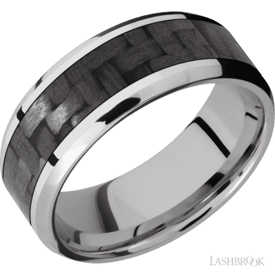 8 mm wide/Beveled/Cobalt Chrome band with one 5 mm Centered inlay of Carbon Fiber size 11.25