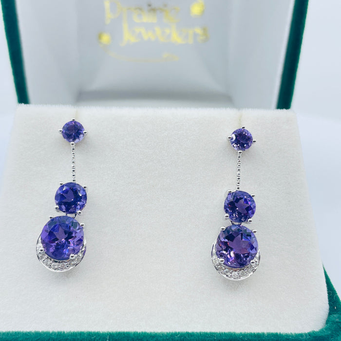 14kt White Gold Amethyst and diamond dangling earrings
