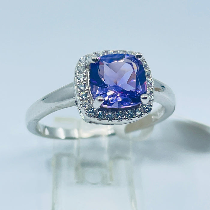 Sterling Silver Amethyst Ring with a cushion CZ halo size 8