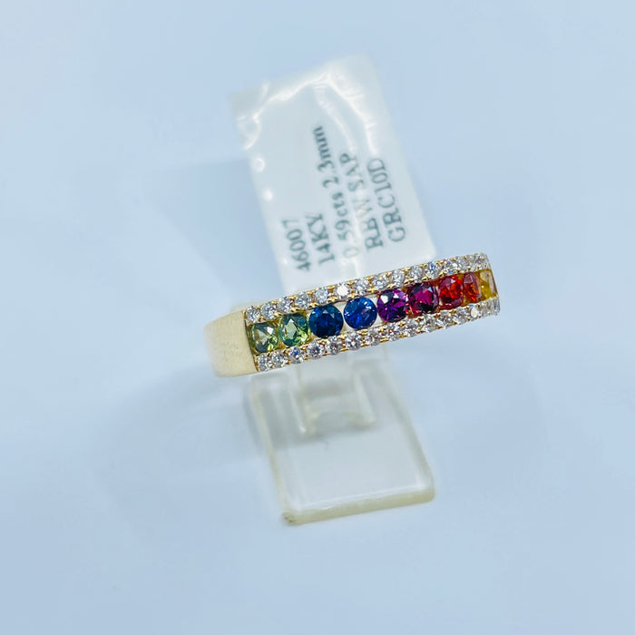 14kt Yellow Gold 2.3mm Rainbow Sapphire and Diamond Channel set Ring