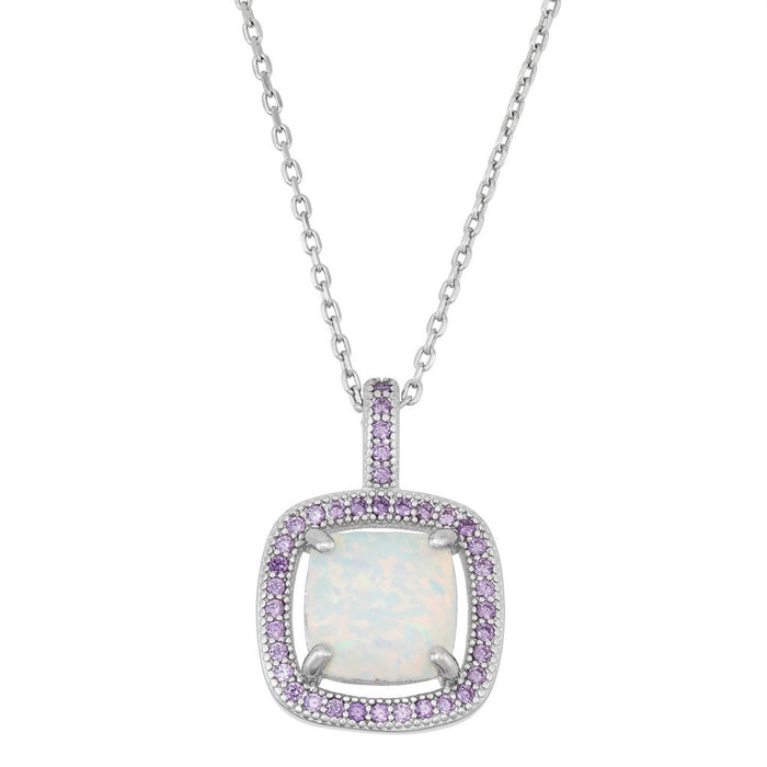 Sterling Silver Square White Inlay Opal with Amethyst Micro Pave CZ Border Pendant