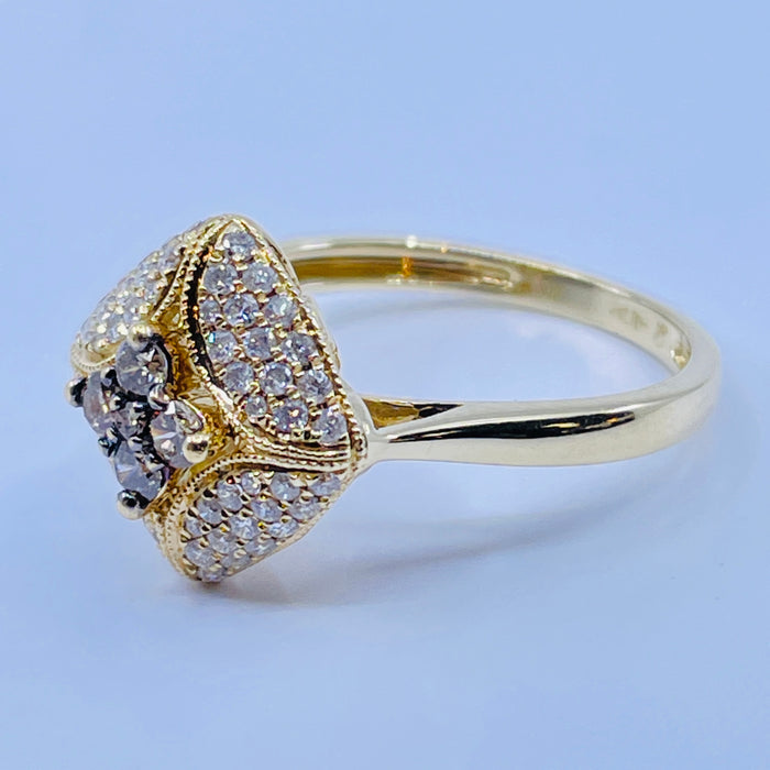 10kt Yellow Gold Chocolate and White diamond cluster Ring