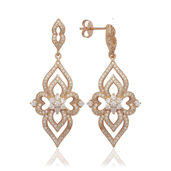 Sterling Silver Rose GP CZ Micro Pave Large Fancy Dangling Earrings