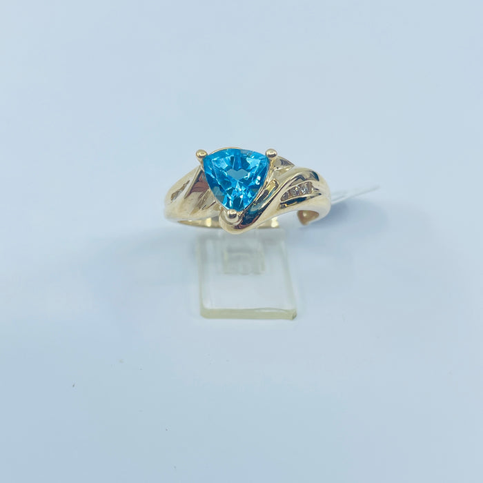 14kt Yellow Gold Trillion Blue Topaz and Diamond ring