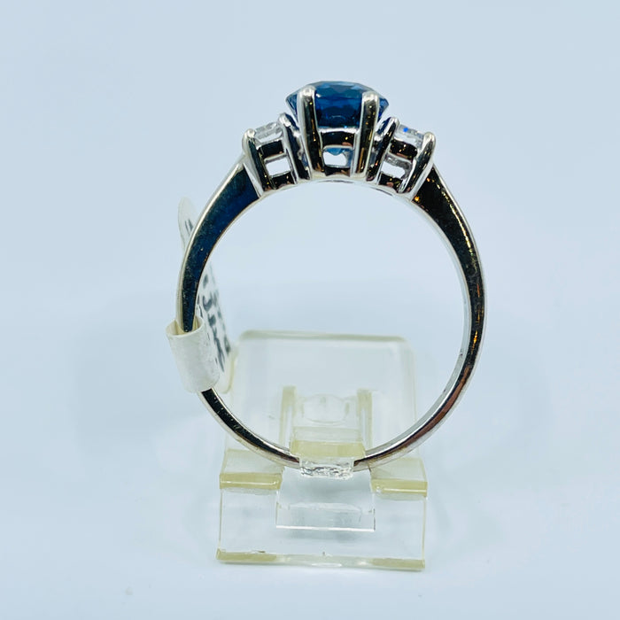 14kt White Gold cushion cut Blue Sapphire and diamond ring