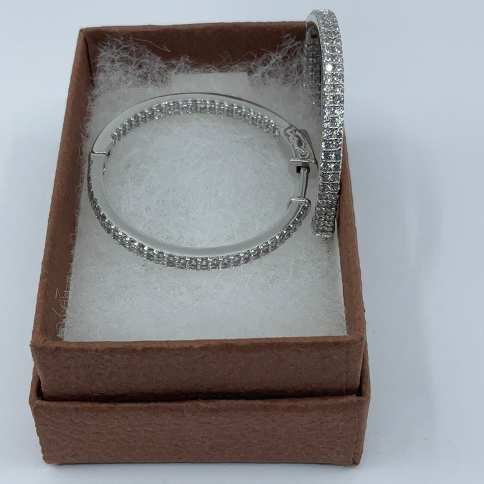 Sterling silver 38mm inside outside double row CZ Hoop Earrings