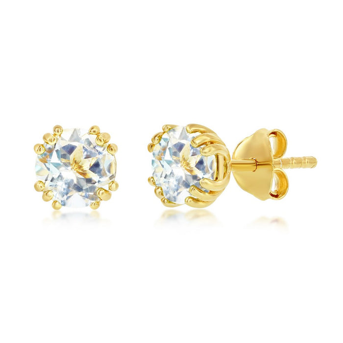 Sterling Silver 'April Birthstone' 6mm Round Gem, Gold Plated Stud Earrings - White Topaz (2.0cttw)