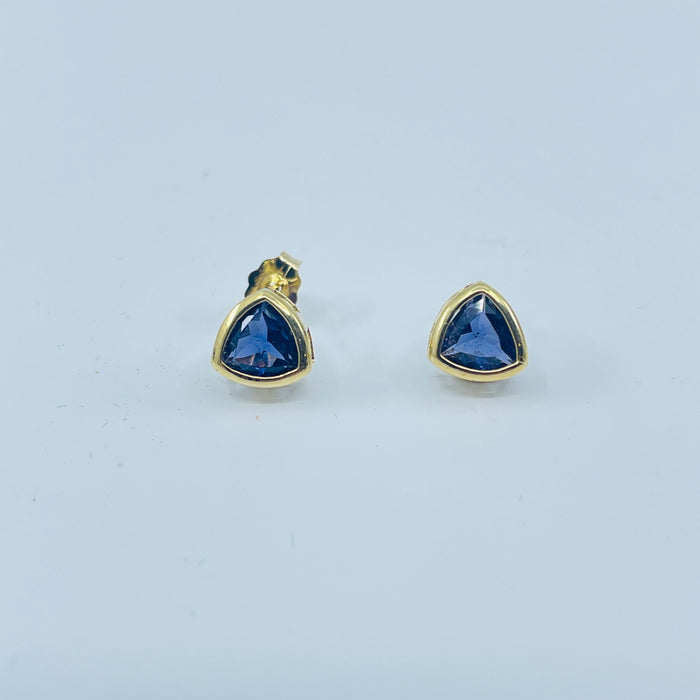 14kt Yellow Gold bezel set Iolite trillion earrings