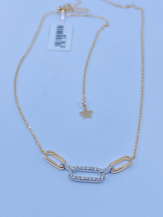 14kt TuTone paper clip fashion diamond necklace with adjustable chain