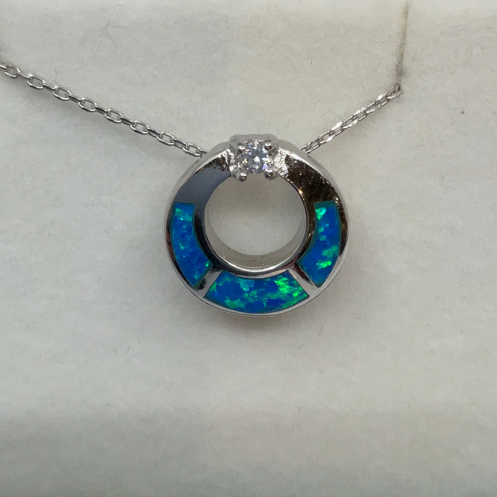 Sterling Silver Blue Inlay Opal w/ CZ Open Circle Pendant