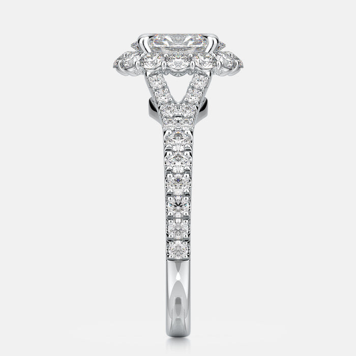 Split shank shared prong halo mounting set with no less than 0.46 carats.