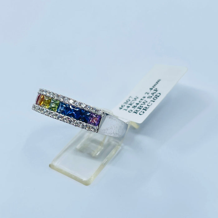 14kt White Gold channel set 2.4mm Princess Rainbow Sapphire Diamond Ring