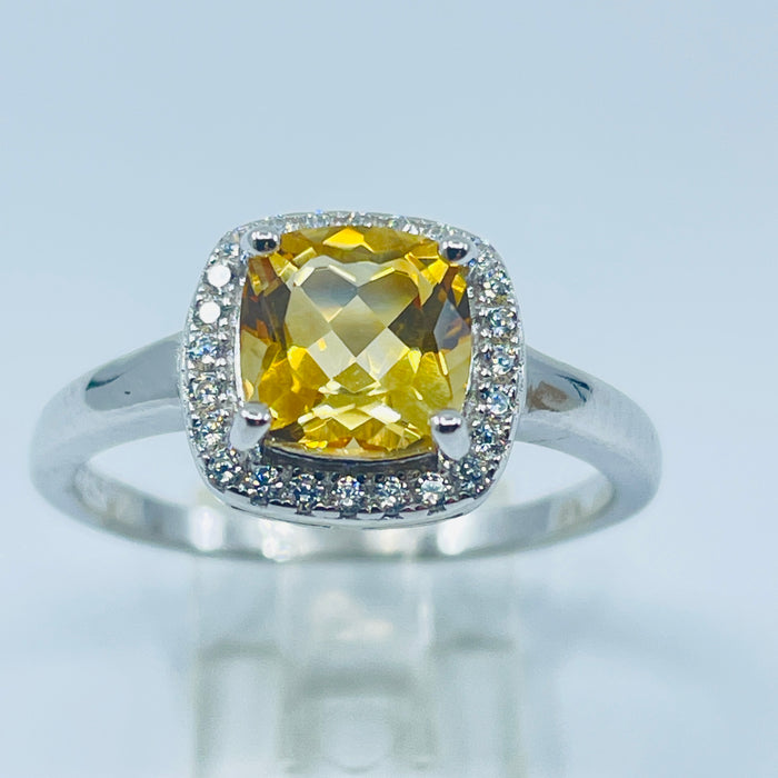 Sterling Silver Citrine Ring with a cushion CZ halo, size 8