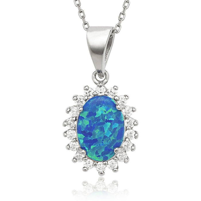 Sterling Silver Oval CZ with Center Blue Inlay Opal Pendant