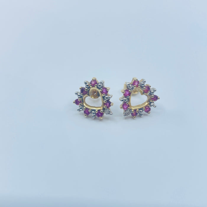 10kt Yellow Gold Ruby and Diamond heart earrings