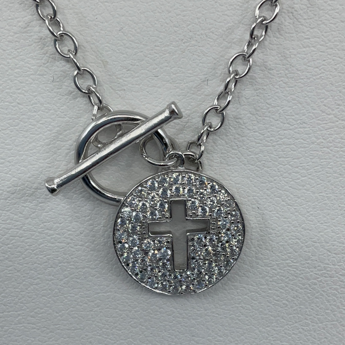 Sterling silver CZ Round disk with Cross Cut Out Toggle Necklace