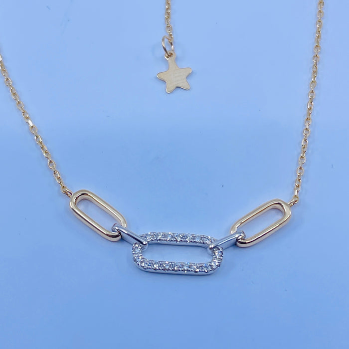 14kt TuTone paper clip fashion diamond necklace with adjustable chain