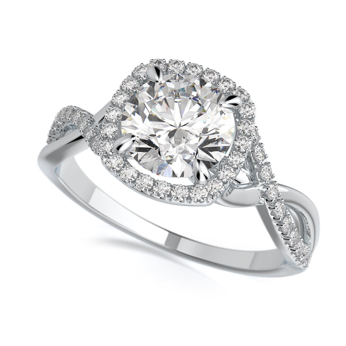 Cushion shaped halo with twisted plain and diamond shank, available in tutone