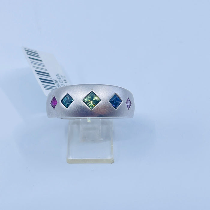 Sterling Silver bezel set multicolored Sapphire ring sz 7