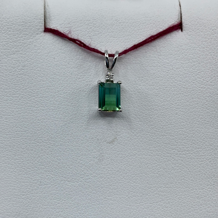 14kt White Gold 1.40ct emerald shaped Tourmaline and diamond pendant